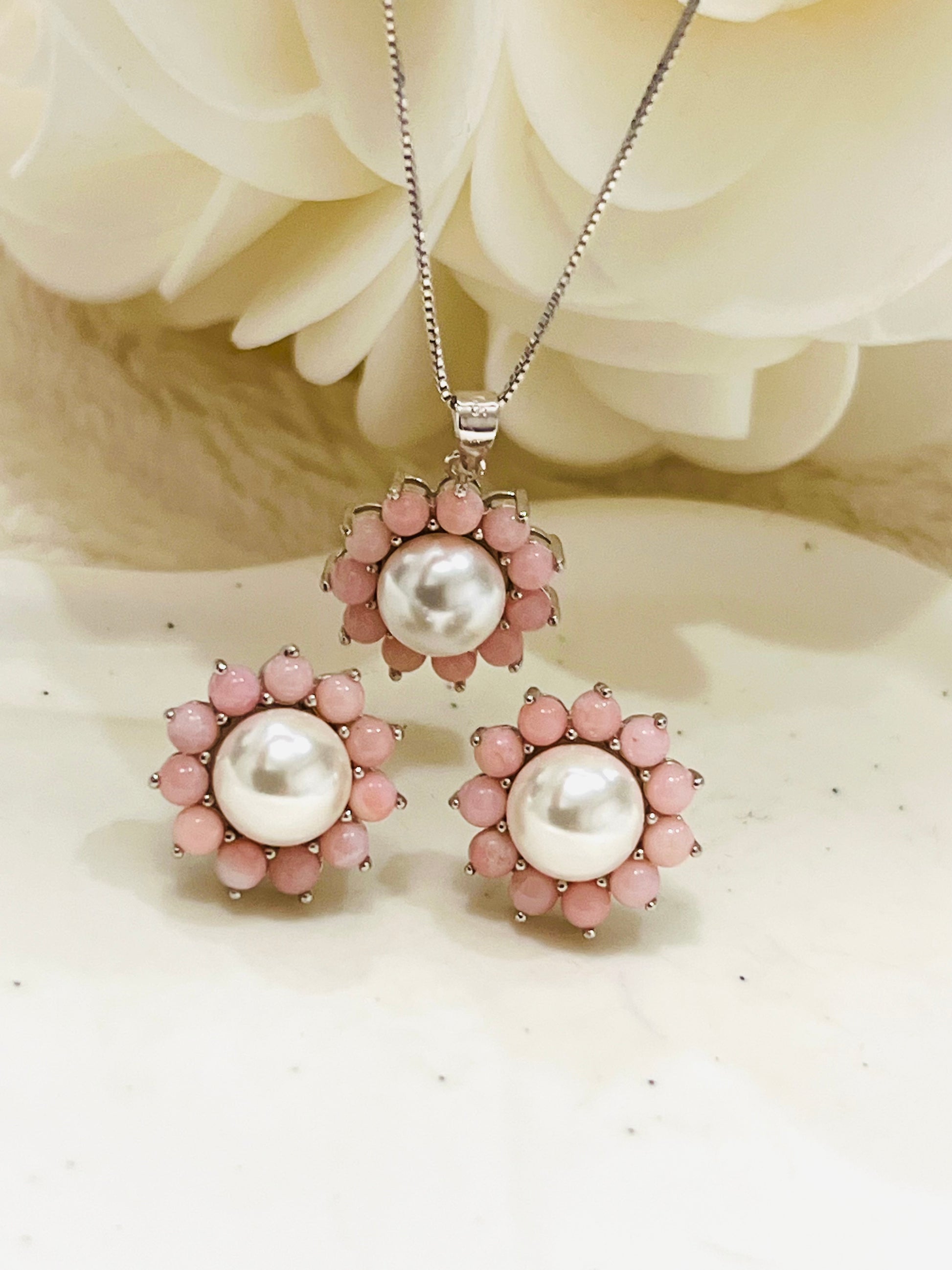 Handmade Natural Pink Opal and Pearl Jewelry Set