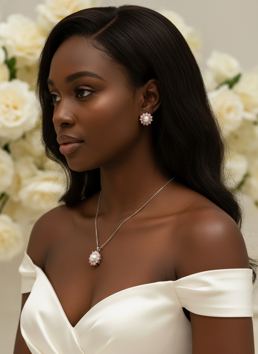 Handmade Natural Pink Opal and Pearl Jewelry Set