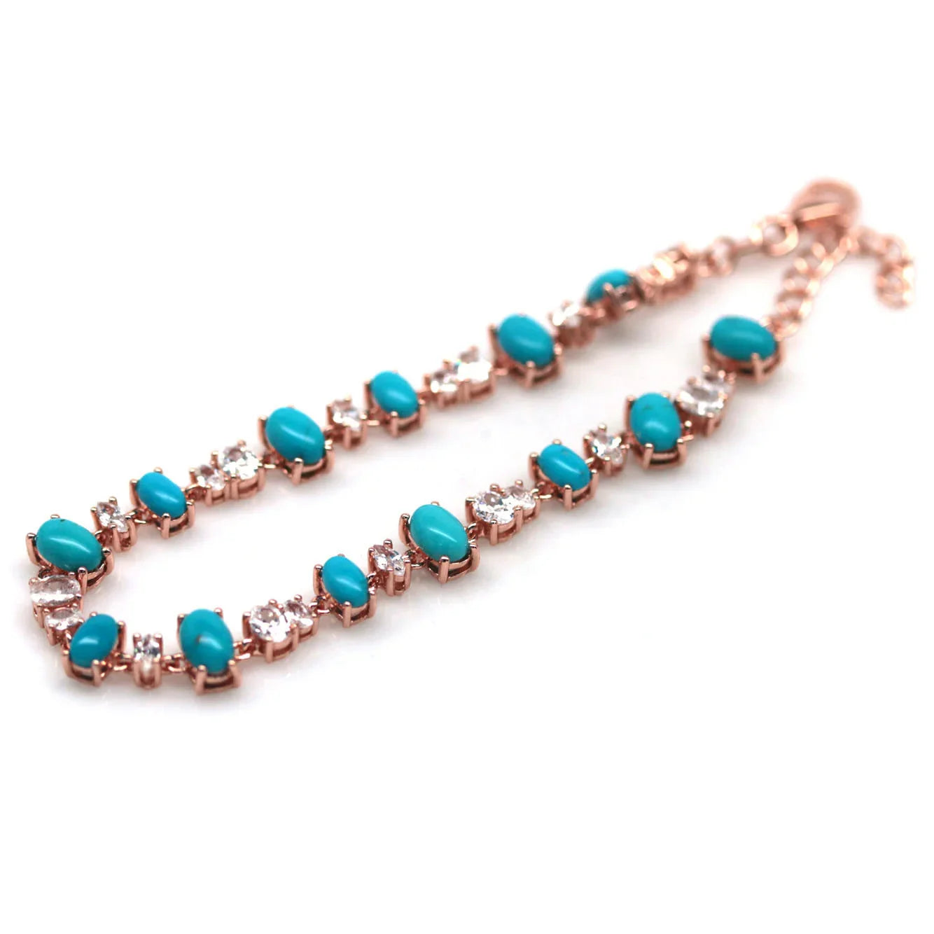 Handmade Blue Turquoise & White Zircon Bracelet 7.5 In