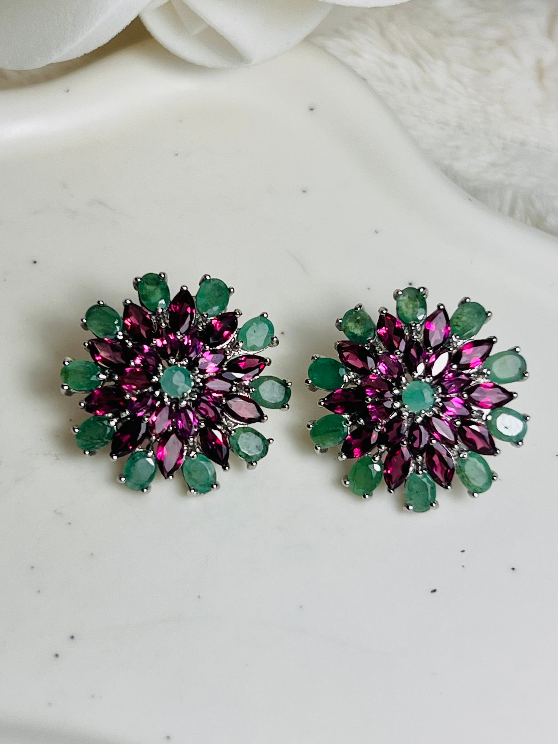 Handmade Emerald and Rhodolite garnet earrings- Sunburst Collection