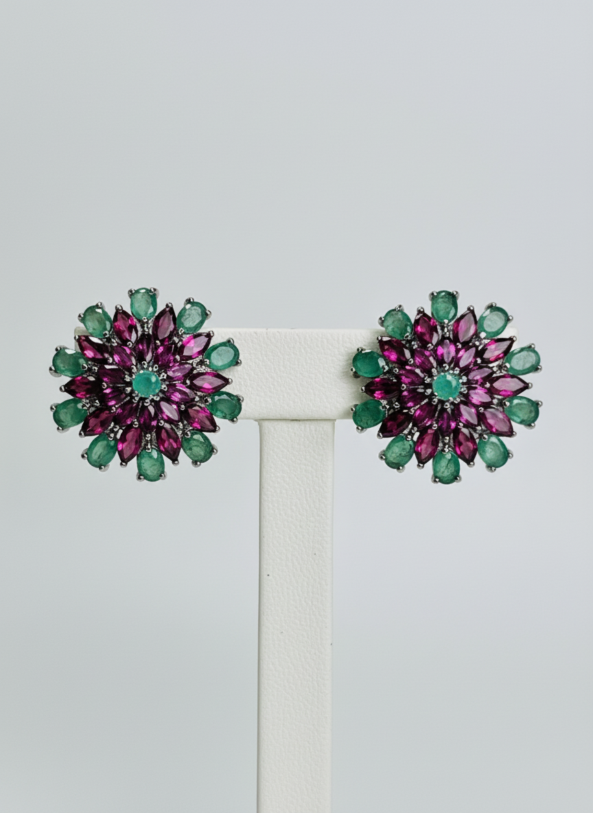 Handmade Emerald and Rhodolite garnet earrings- Sunburst Collection
