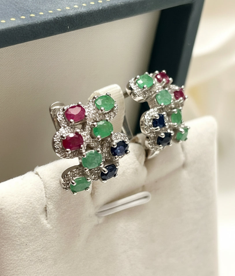 Handmade Sapphire, Emerald and Ruby zig zag Earrings