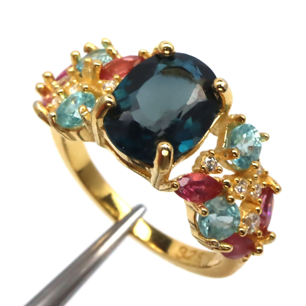 London Blue Topaz Solitaire Ring with Pink Tourmaline Accents – 18K Gold Vermeil