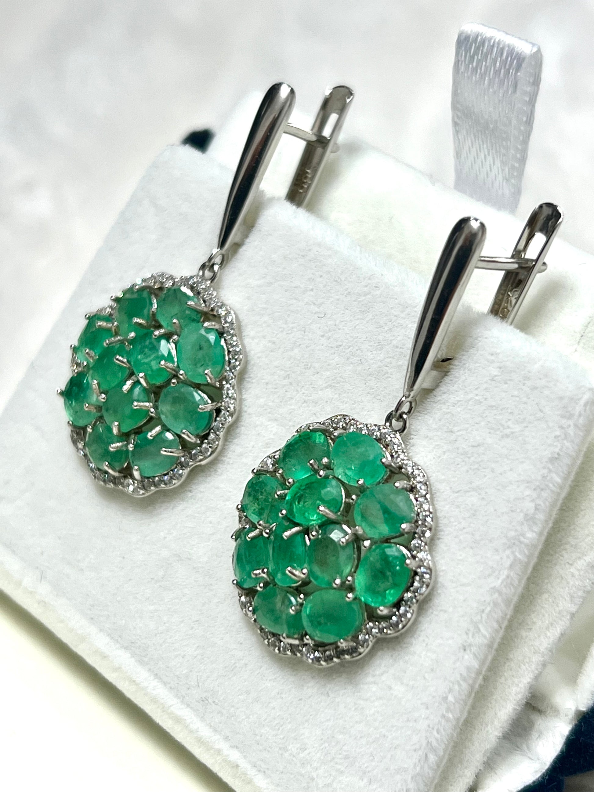 Handmade Genuine Emerald Floral Dangle Earrings