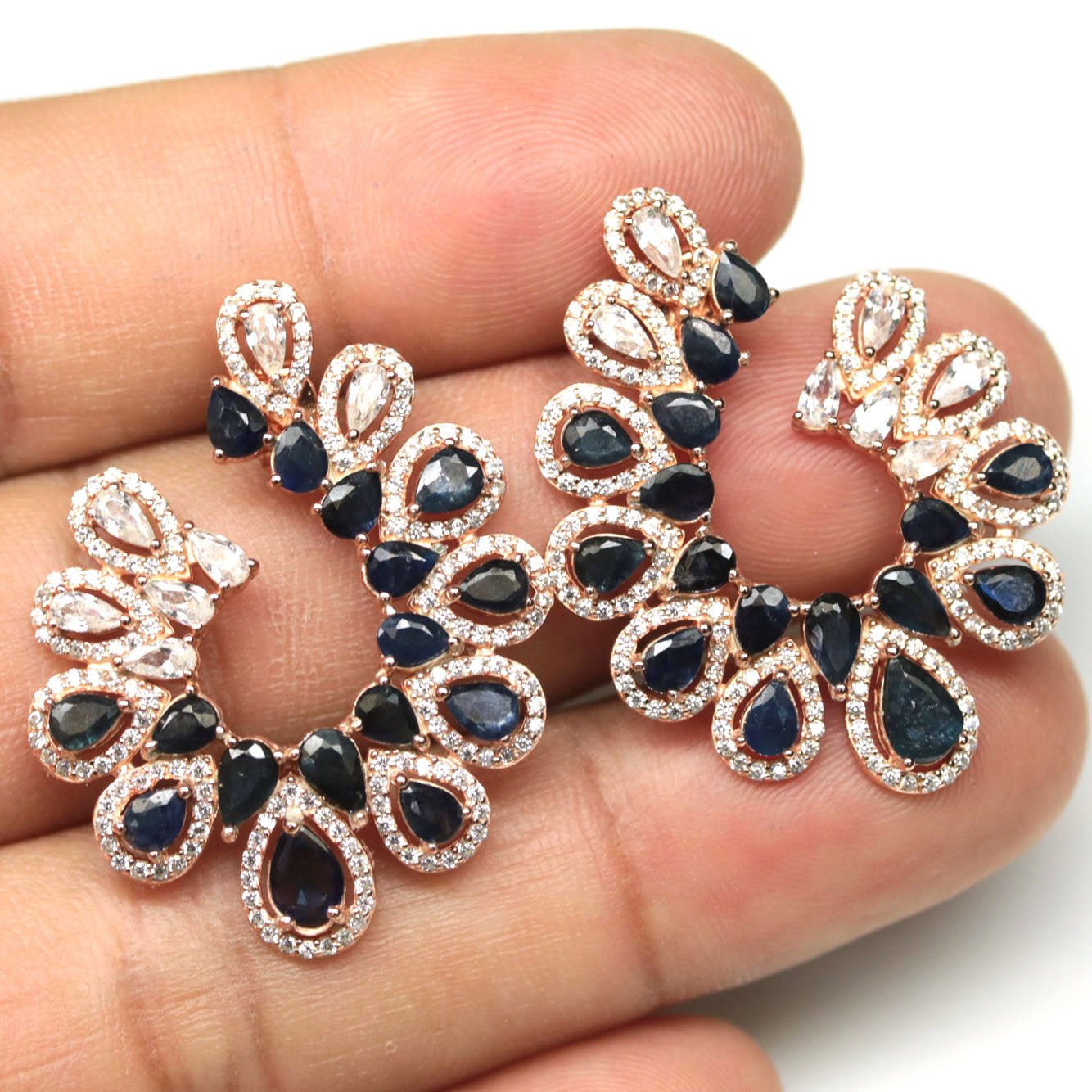 Handmade Natural Blue Sapphire Rose Gold Vermeil Hoop Earrings