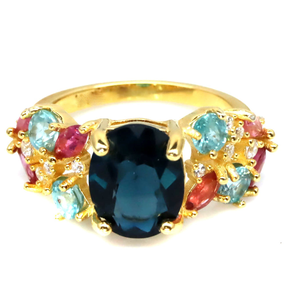 London Blue Topaz Solitaire Ring with Pink Tourmaline Accents – 18K Gold Vermeil