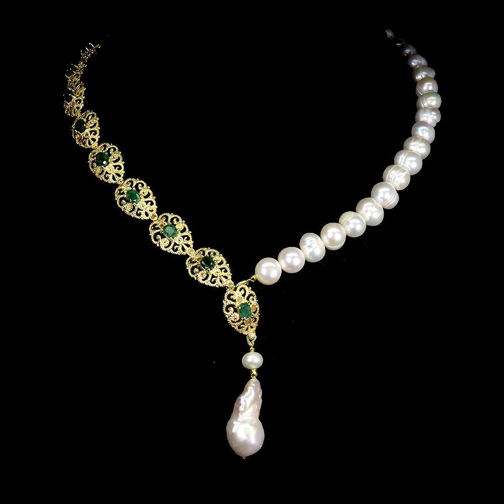 Handmade Natural Emerald and South Sea Pearls necklace