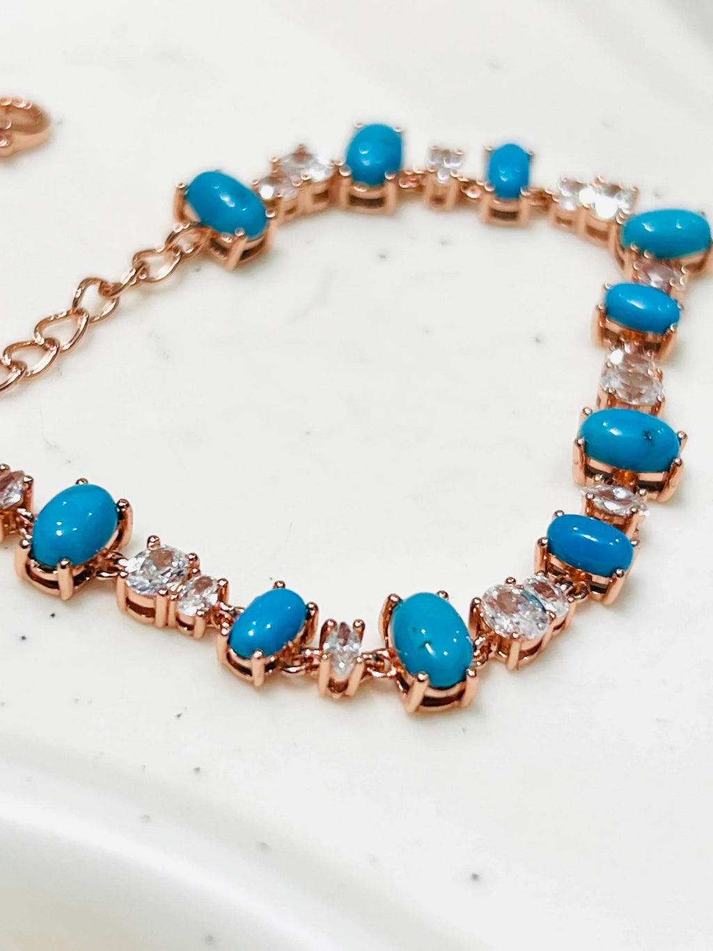 Handmade Blue Turquoise & White Zircon Bracelet 7.5 In