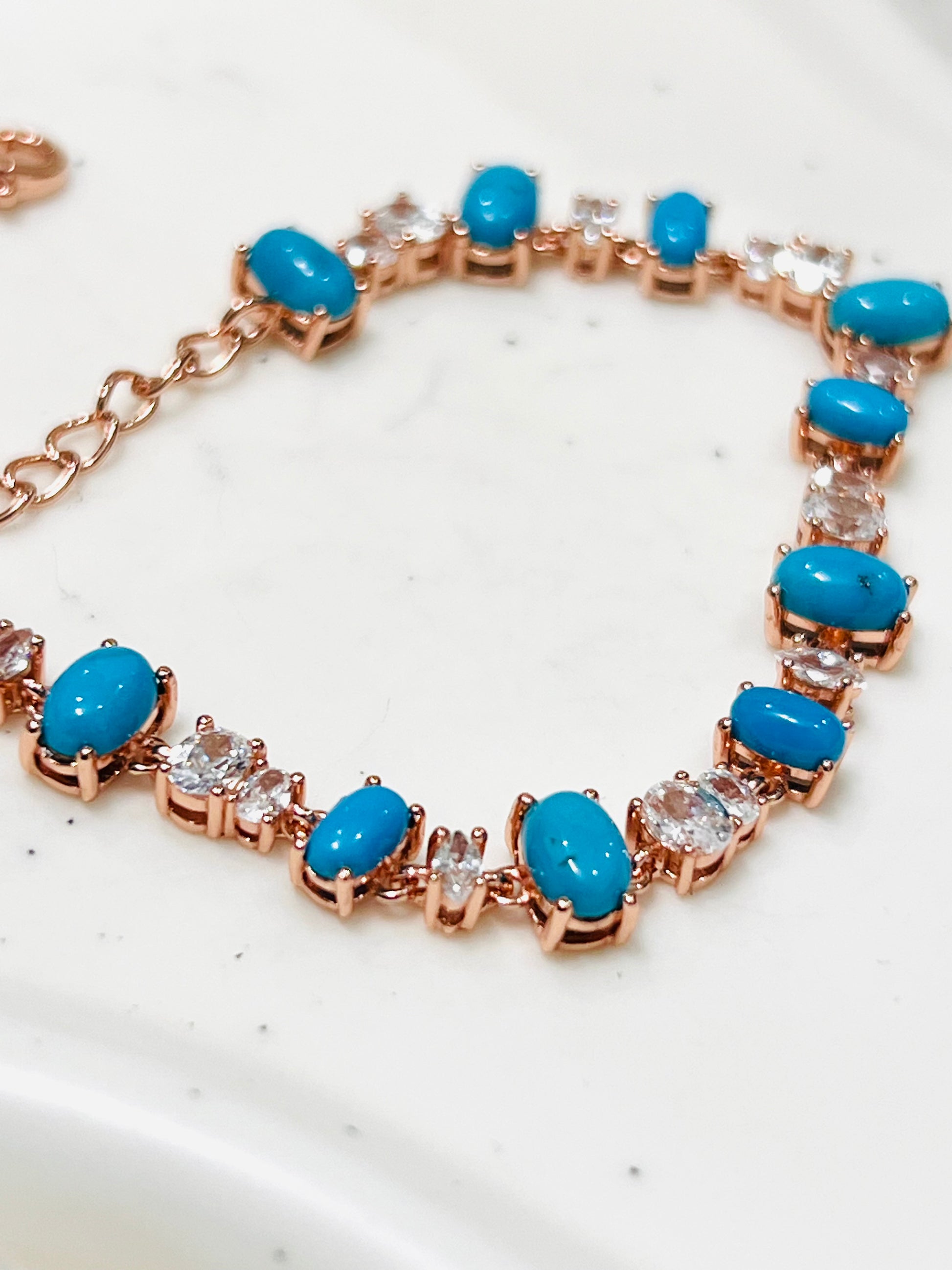 Handmade Blue Turquoise & White Zircon Bracelet 7.5 In