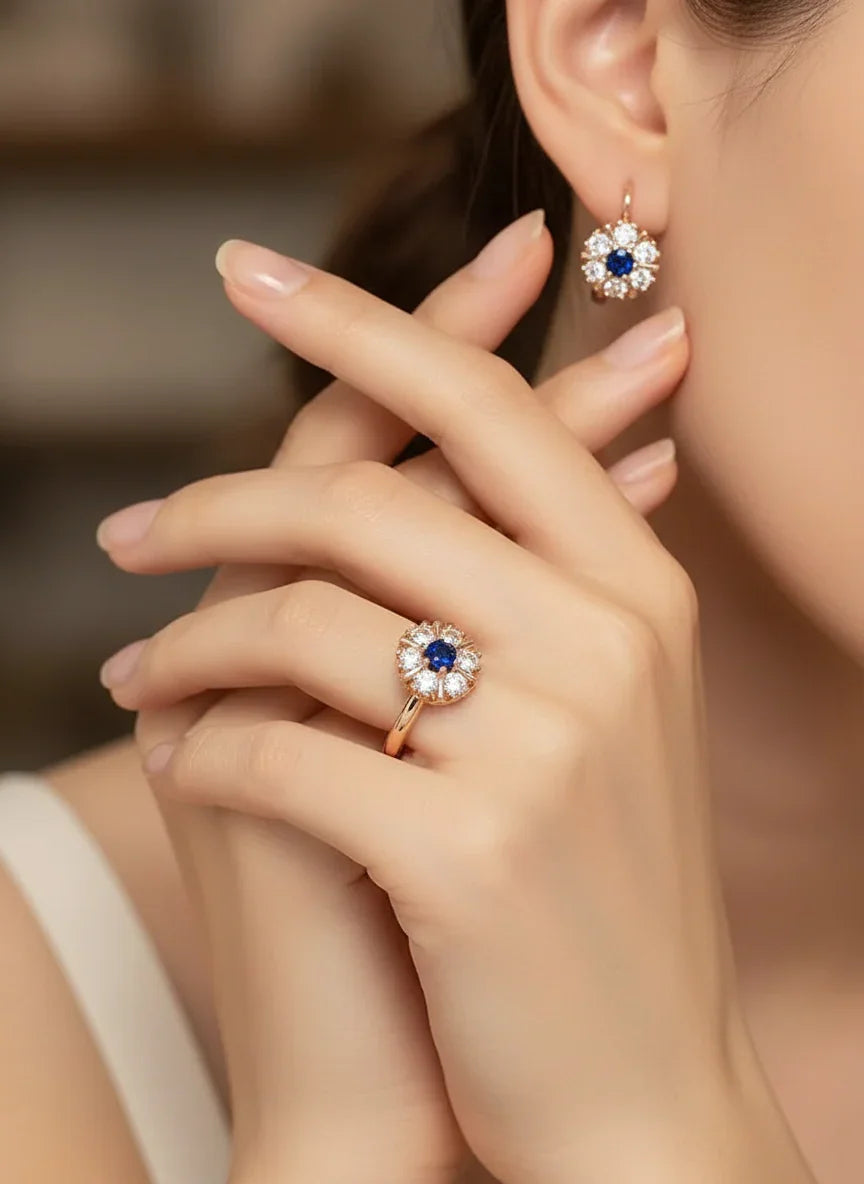 Blue Nano Sapphire Earrings and Ring – 14K Rolled Jewelry Set
