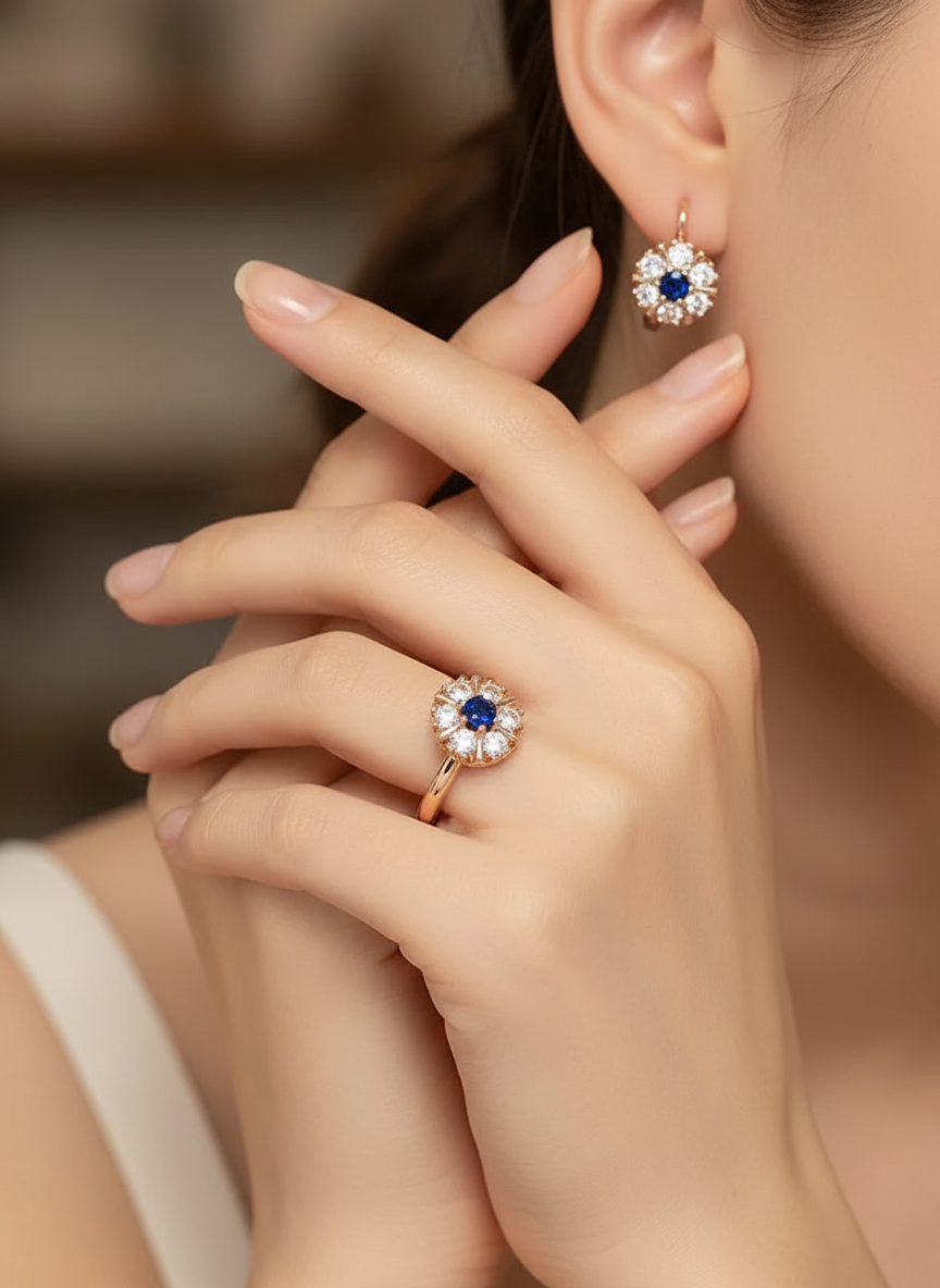 Blue Nano Sapphire Earrings and Ring – 14K Rolled Jewelry Set