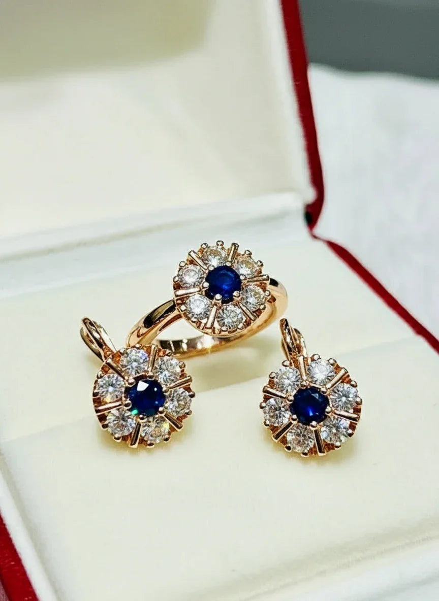 Blue Nano Sapphire Earrings and Ring – 14K Rolled Jewelry Set