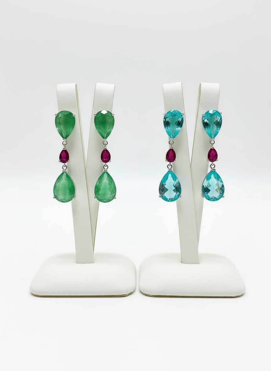 Handmade Paraiba Tourmaline & Ruby Statement Drop Earrings