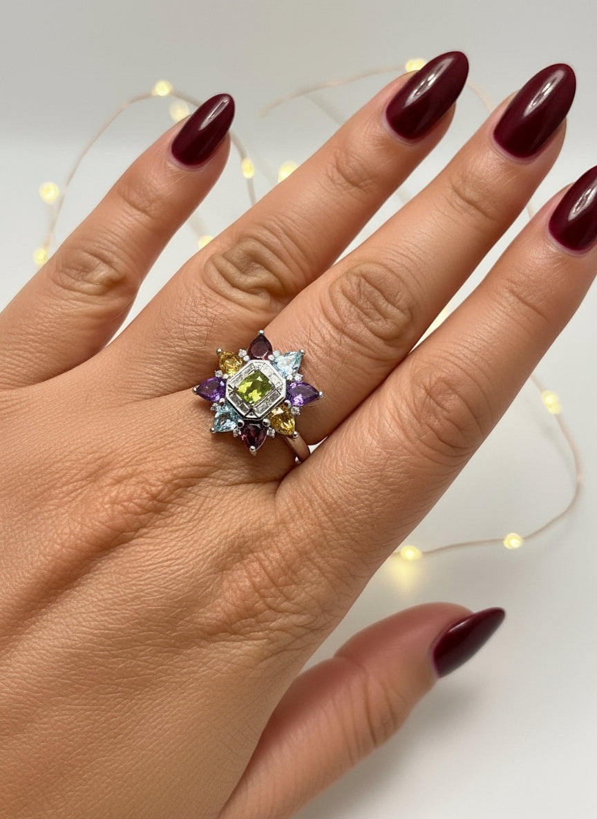 Handmade Natural Multi-Gem 925 Sterling Silver Statement Ring