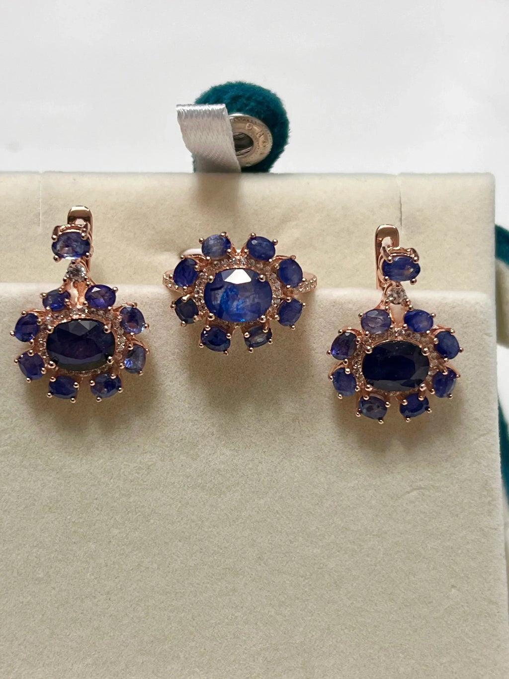 All-Sapphire Jewelry Set in Palladium Silver with 18K Rose Gold Vermeil