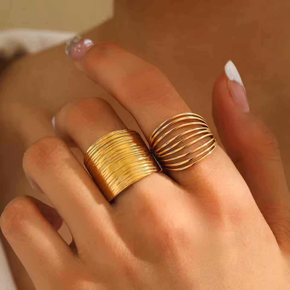 Geometric Gold Plated Adjustable Ring – Modern stainless steel Statement Finger Rings (PVD Coated)
