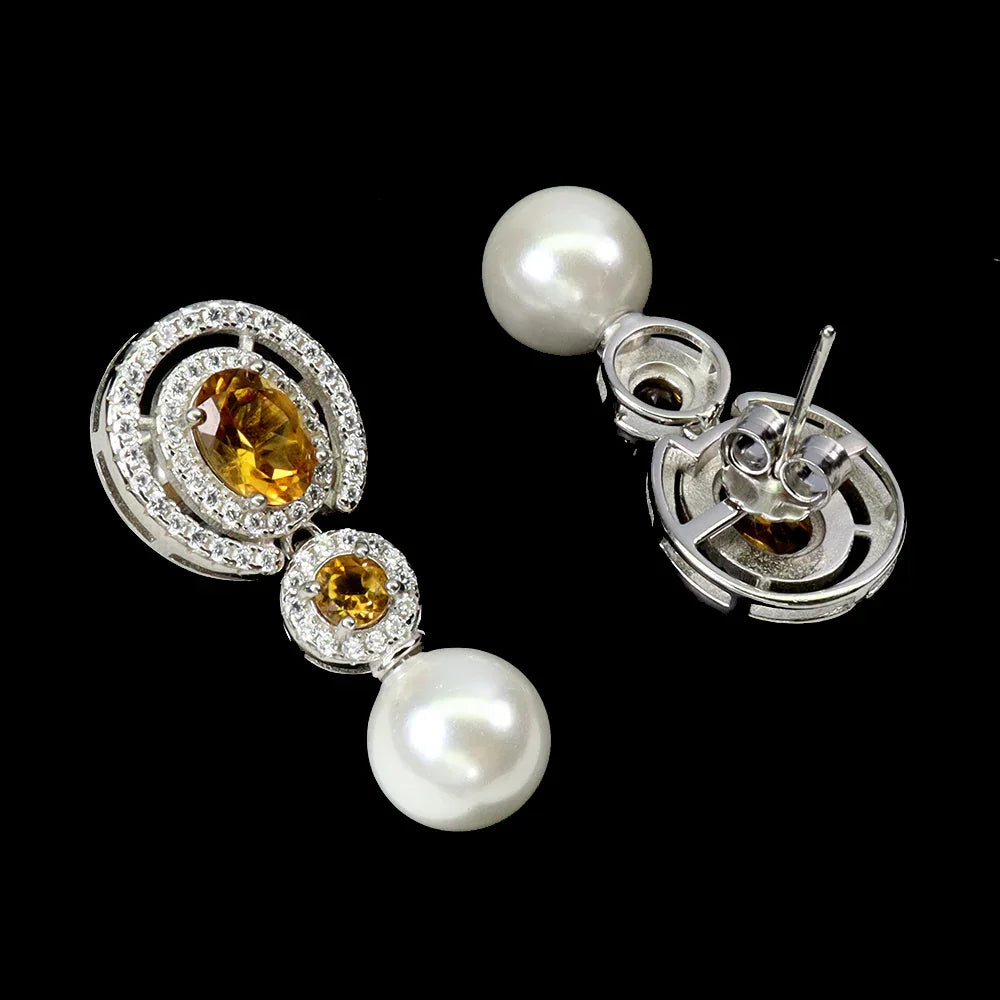 Handmade Citrine and Pearl Drop Earrings