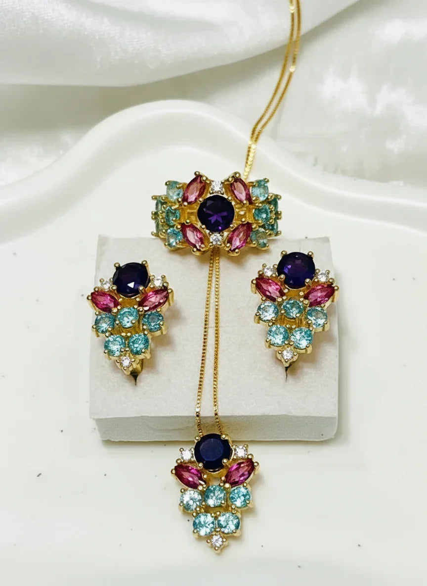 Handmade Amethyst, Paraíba Tourmaline & Pink Sapphire Jewelry Set – 18K Gold Plated Sterling Silver
