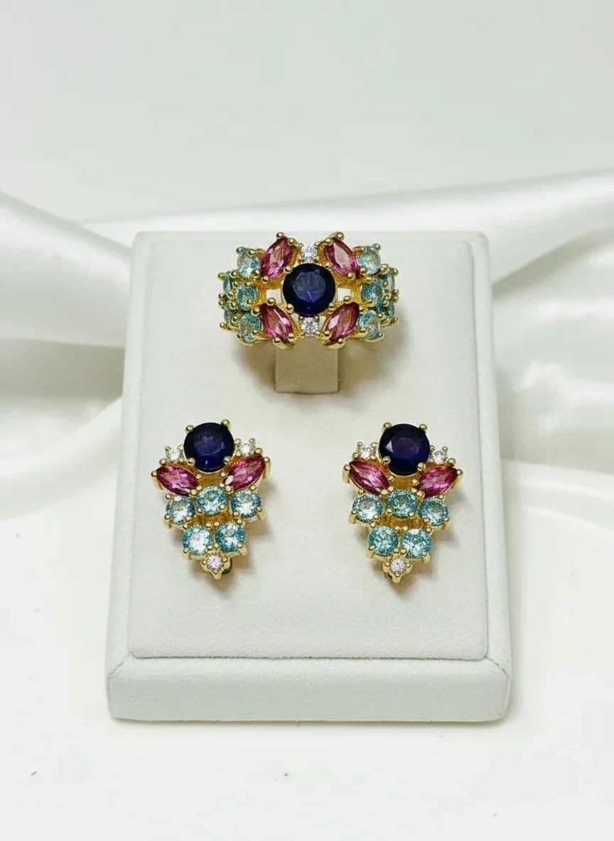 Handmade Amethyst, Paraíba Tourmaline & Pink Sapphire Jewelry Set – 18K Gold Plated Sterling Silver