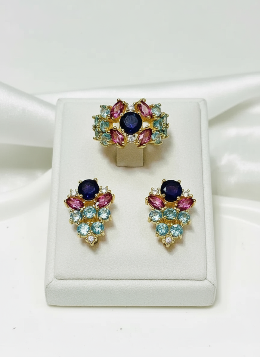 Handmade Amethyst, Paraíba Tourmaline & Pink Sapphire Jewelry Set – 18K Gold Plated Sterling Silver