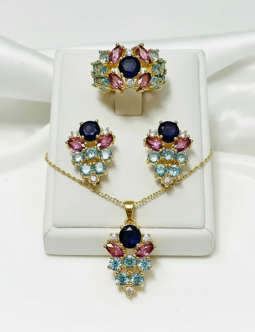 Handmade Amethyst, Paraíba Tourmaline & Pink Sapphire Jewelry Set – 18K Gold Plated Sterling Silver