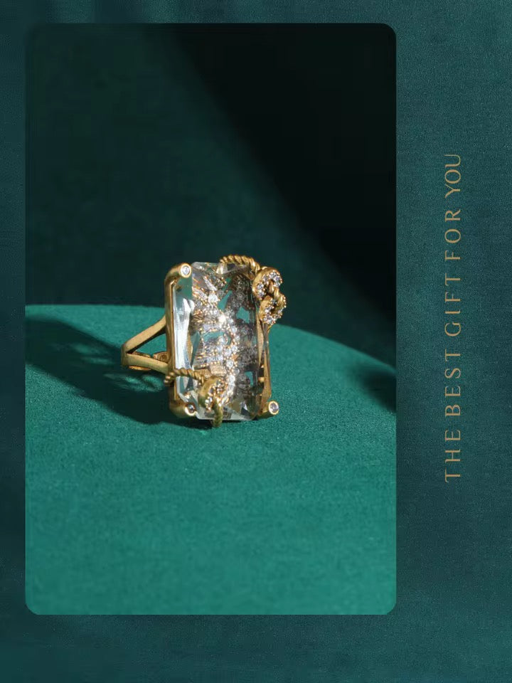 Vintage Inspired Emerald Cut Crystal Ring | Adjustable Gold Plated Brass Cocktail Ring for Women