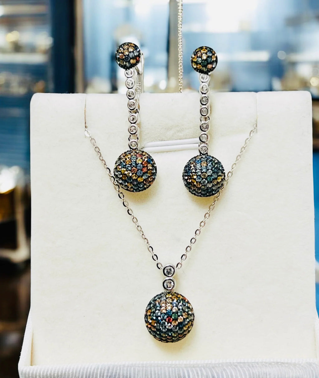 Multi-Color Sapphire Ball Design Sterling Silver Necklace and Earring Set