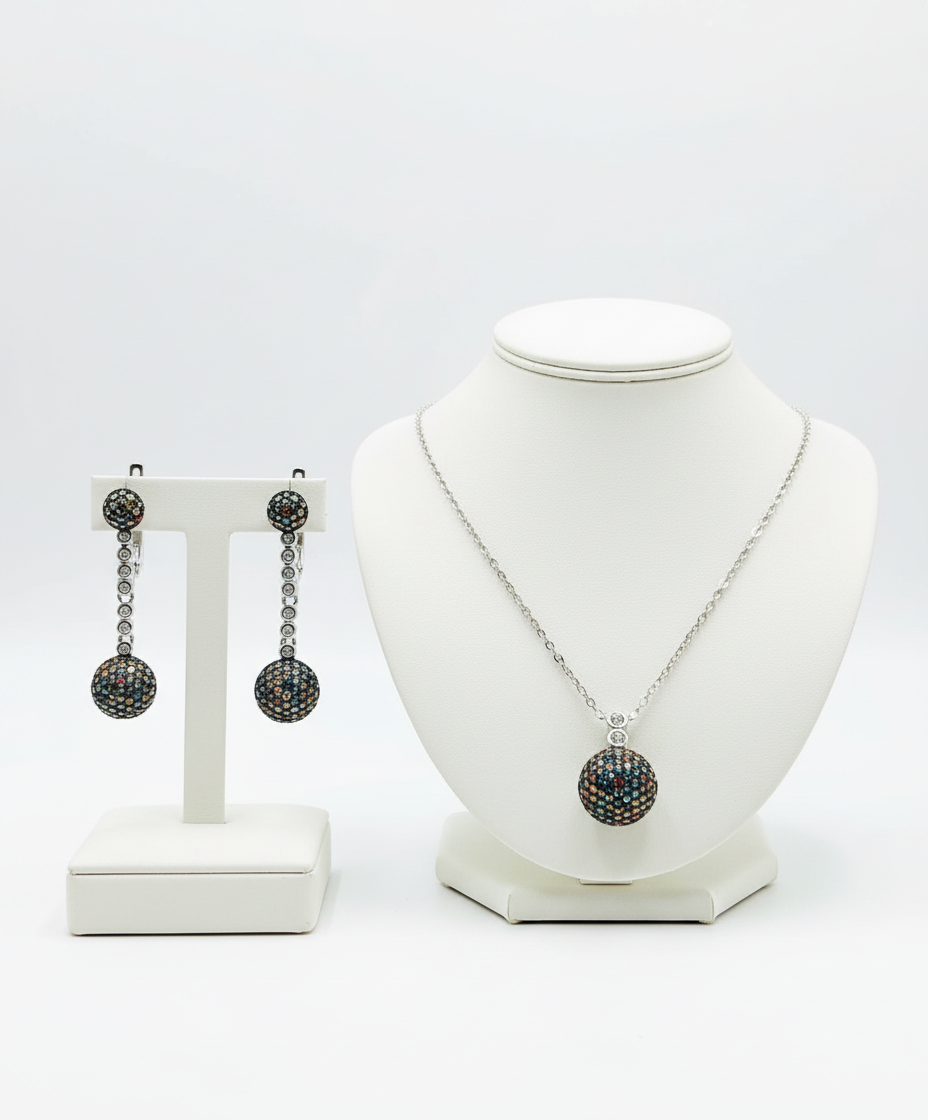 Multi-Color Sapphire Ball Design Sterling Silver Necklace and Earring Set