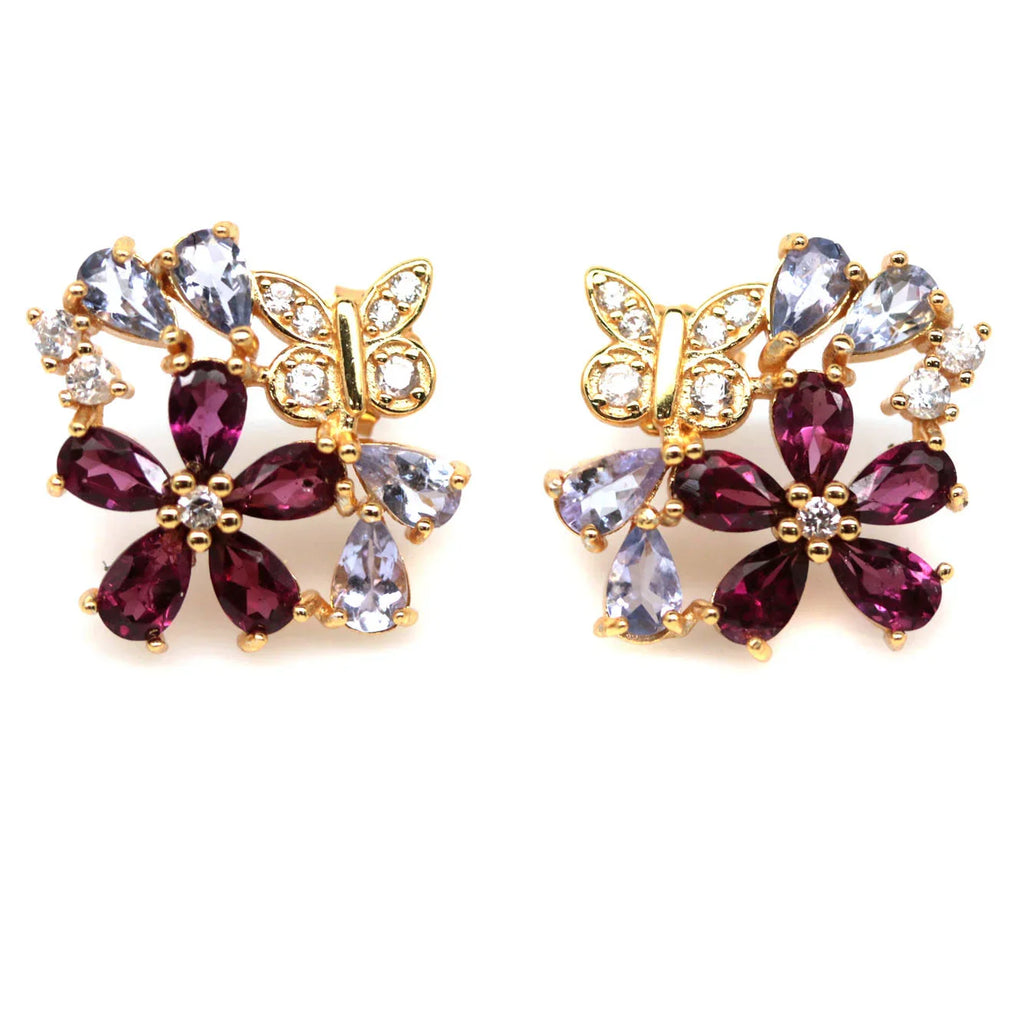 Natural Pink Rhodolite & Tanzanite Stud Earrings in Palladium Silver