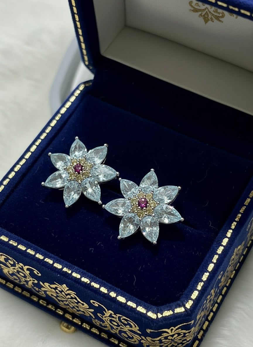 Handmade Aquamarine Diamond Snowflake Earrings in 14k Yellow Gold Vermeil 925 s