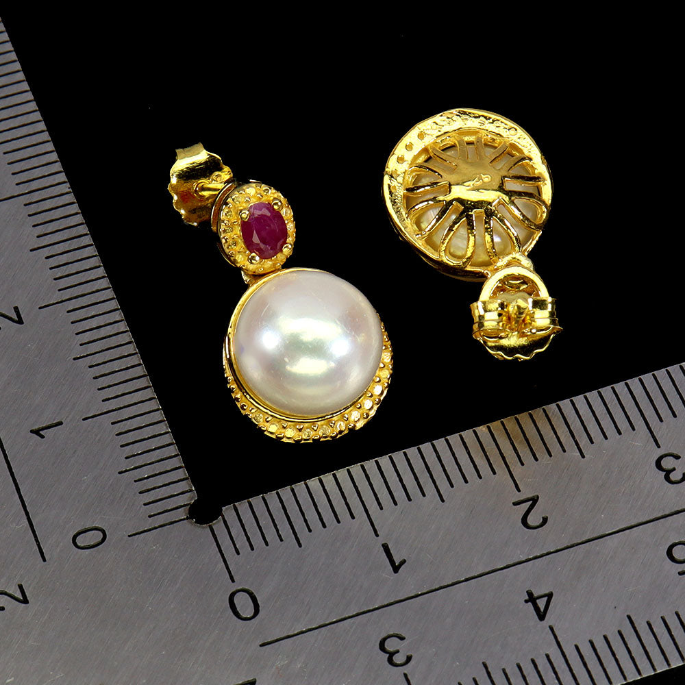 Handmade Ruby & Pearl Stud Earrings – 14K Yellow Gold over Palladium Silver
