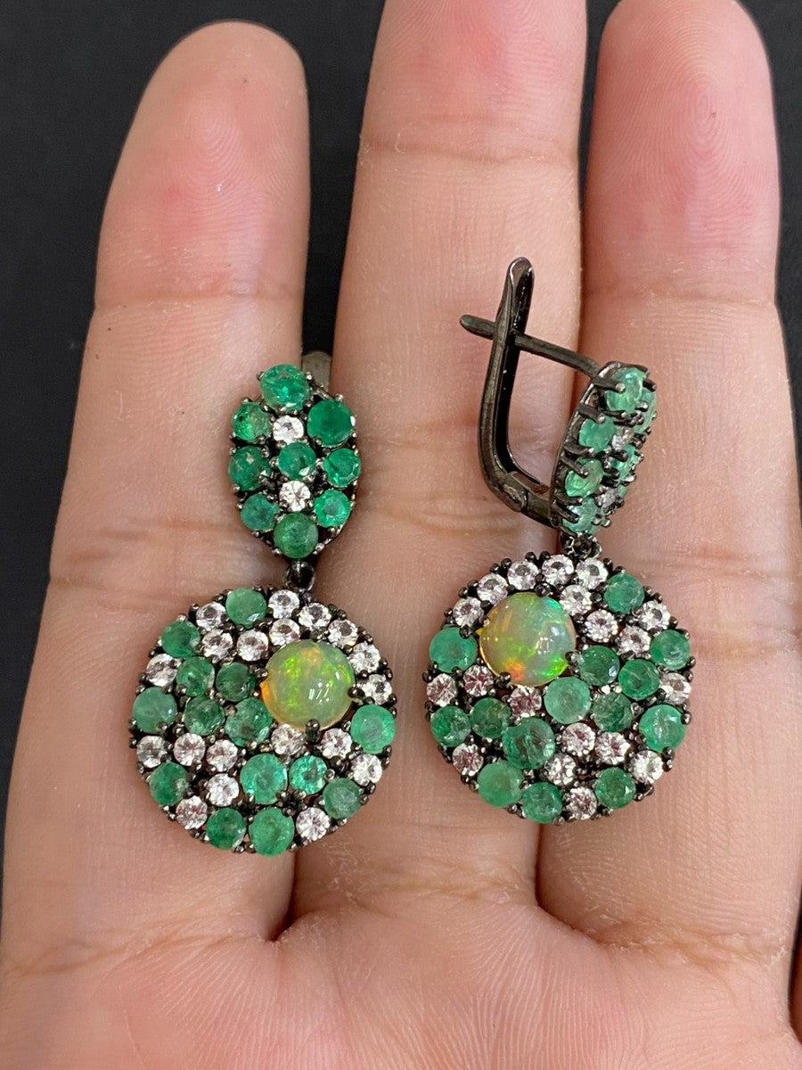 Handmade Opal, Emerald & White Topaz Ring and Earrings Set
