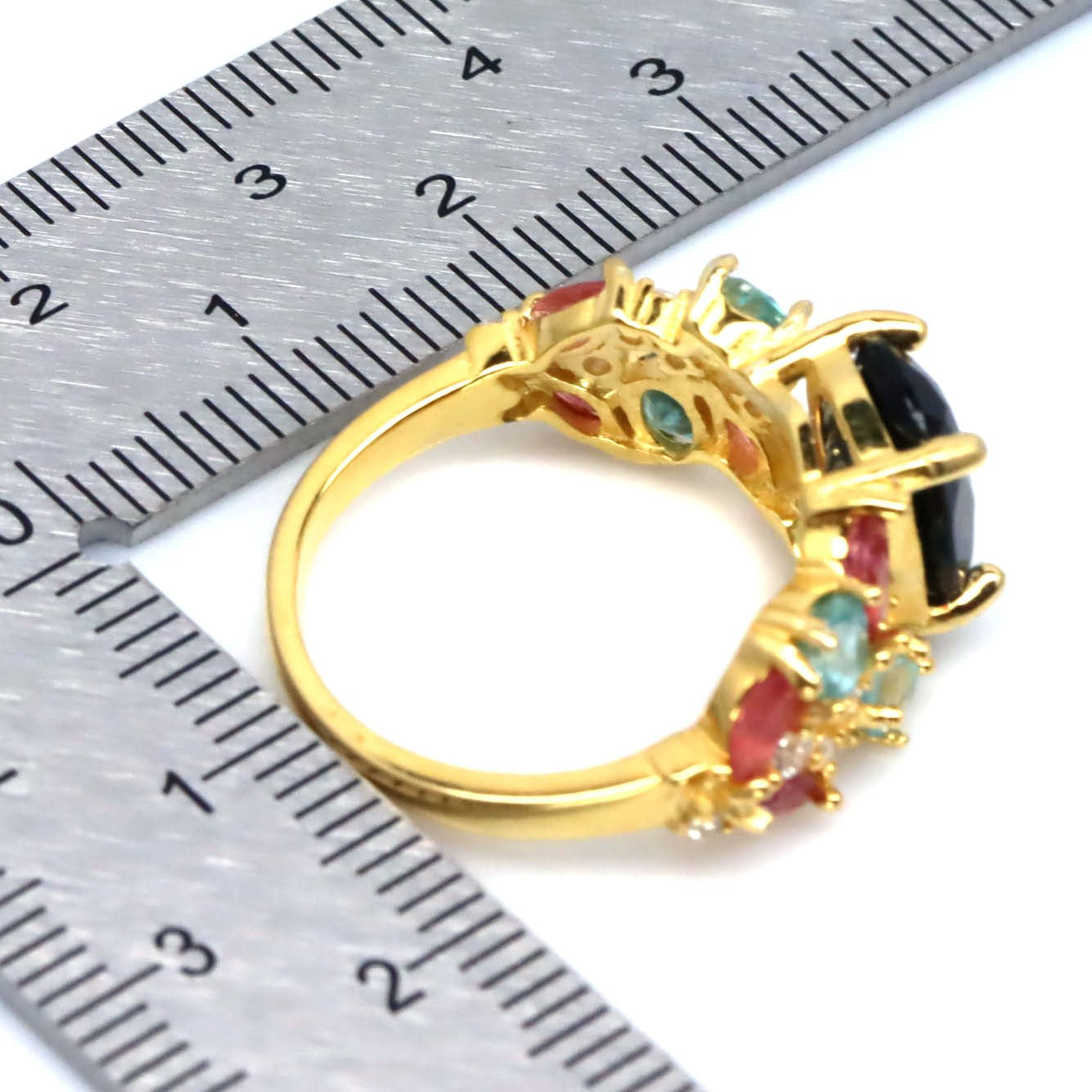 London Blue Topaz Solitaire Ring with Pink Tourmaline Accents – 18K Gold Vermeil