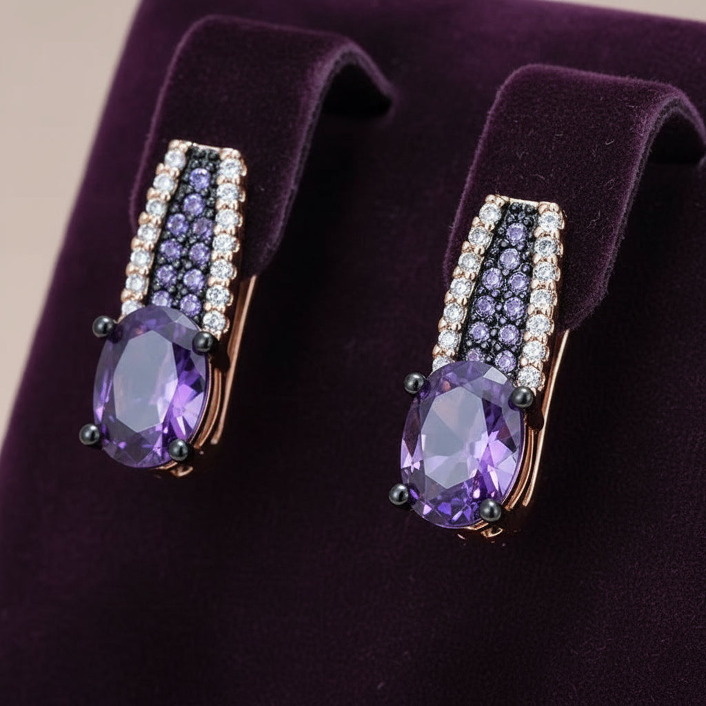 14K Rolled Gold Amethyst Gun metal Earrings