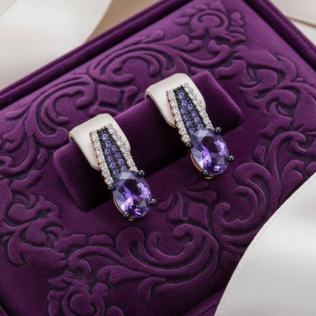 14K Rolled Gold Amethyst Gun metal Earrings