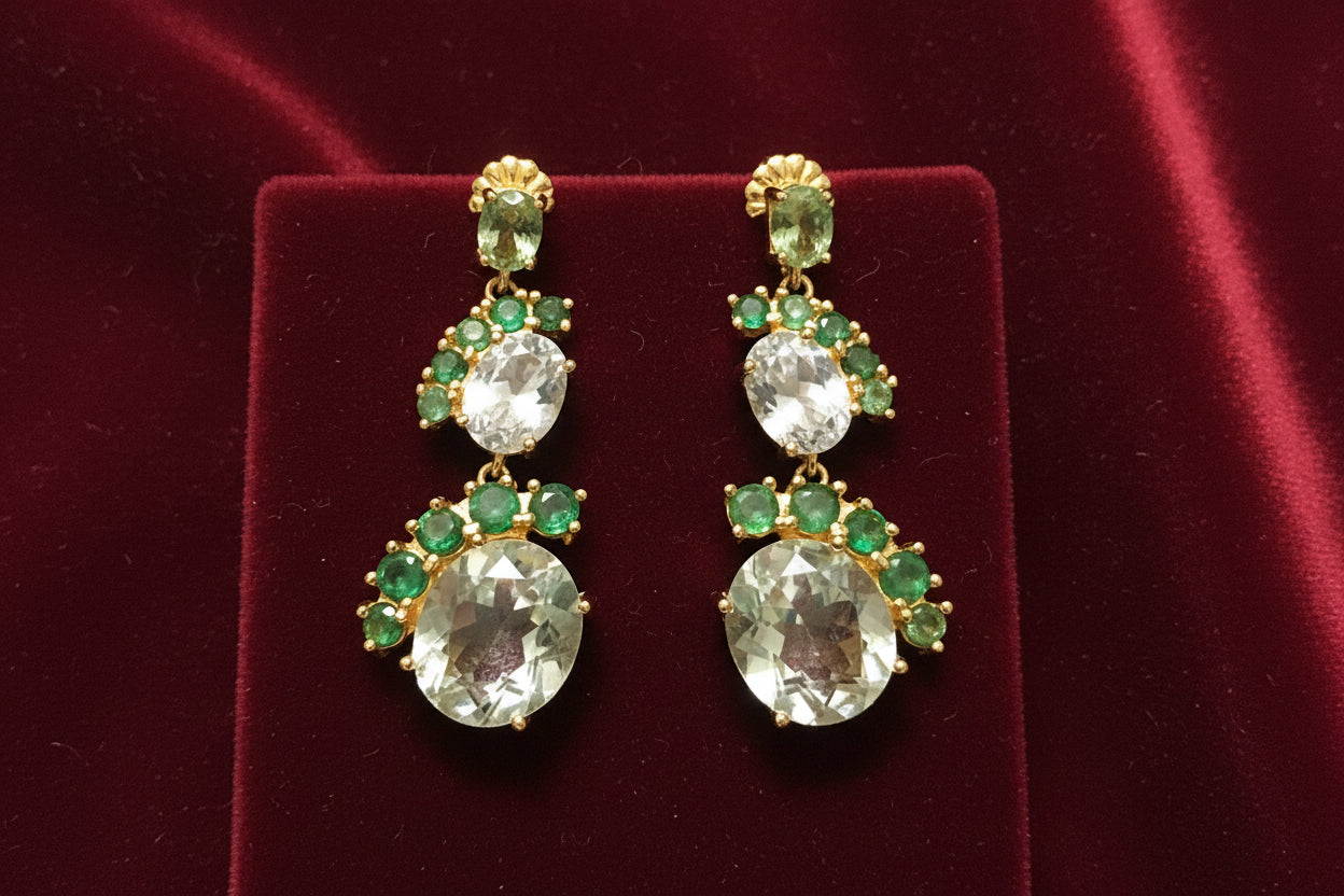 Handmade Genuine Green Amethyst and Colombian Emerald Earrings