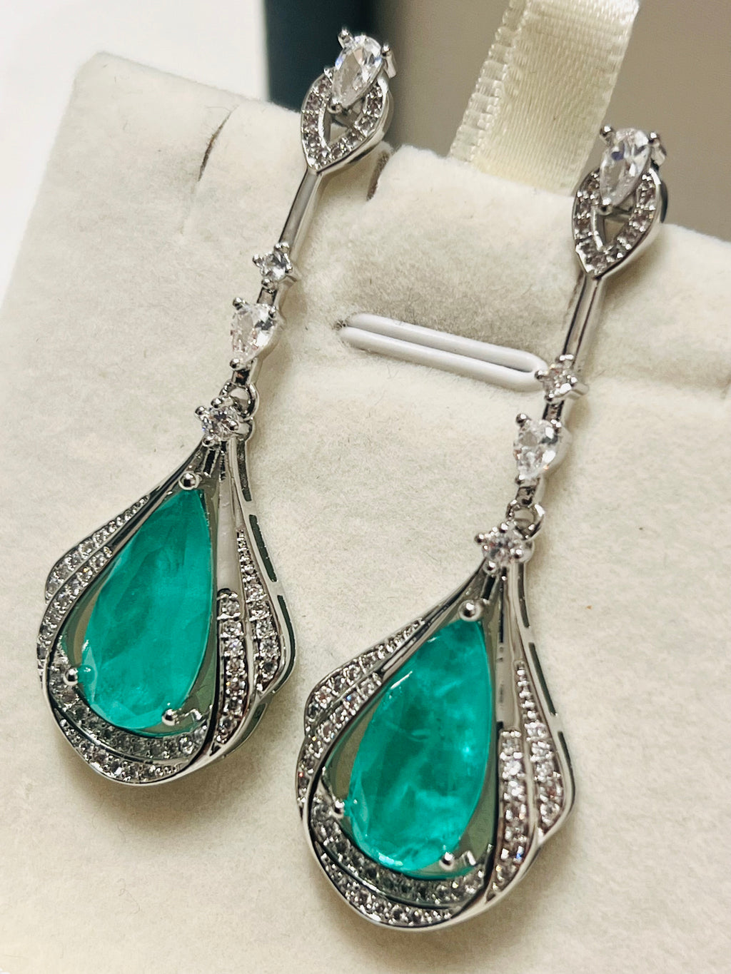 Stunning Long Sterling silver Emerald, Paraiba or Ruby Fancy statement Earrings (lab created)