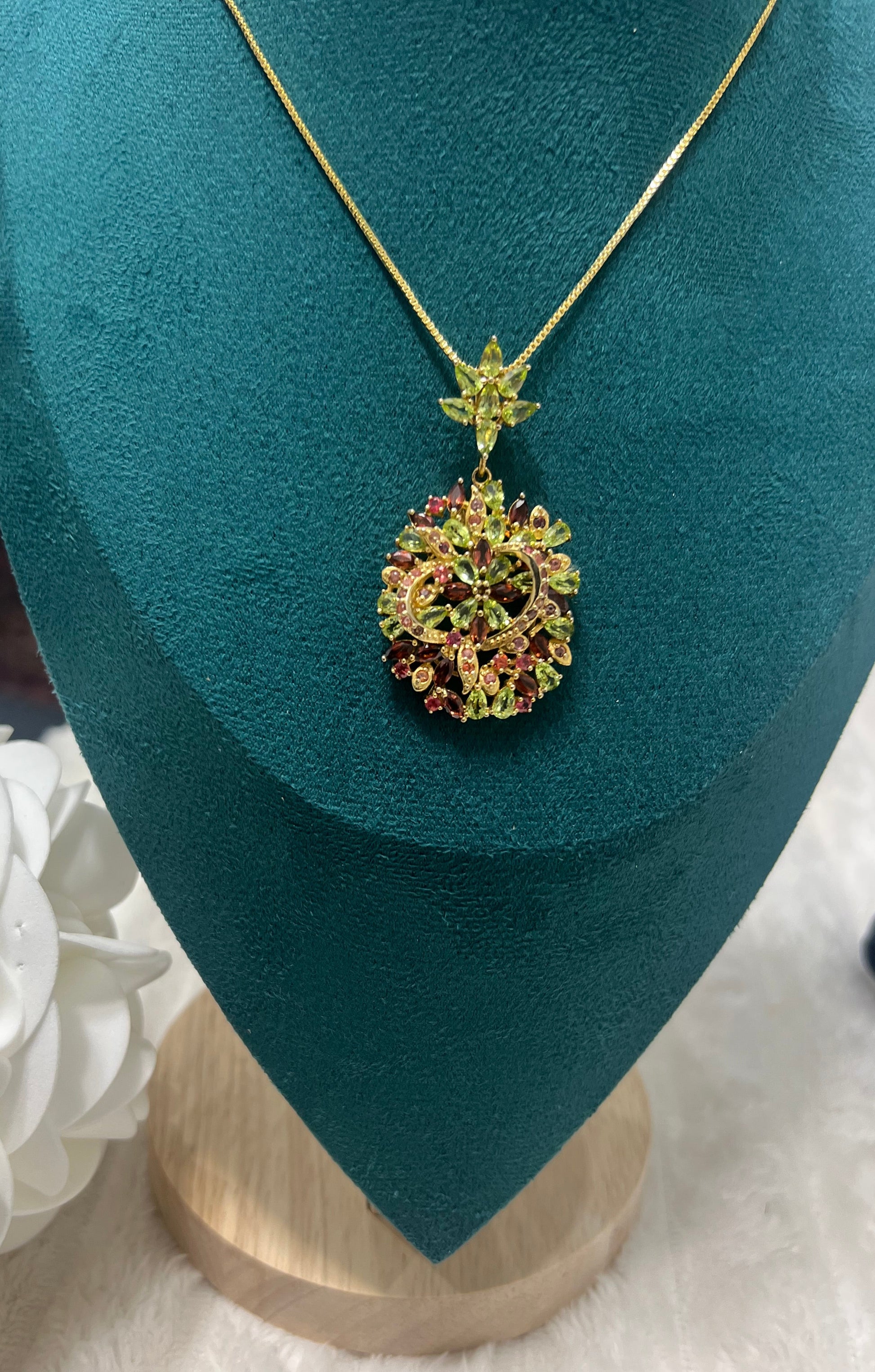 Handmade Peridot & Rhodolite Garnet Floral Statement Necklace