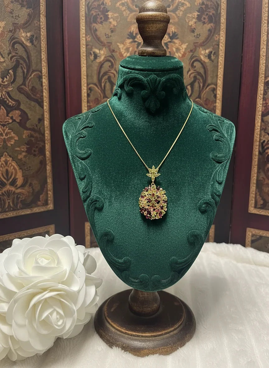 Handmade Peridot & Rhodolite Garnet Floral Statement Necklace