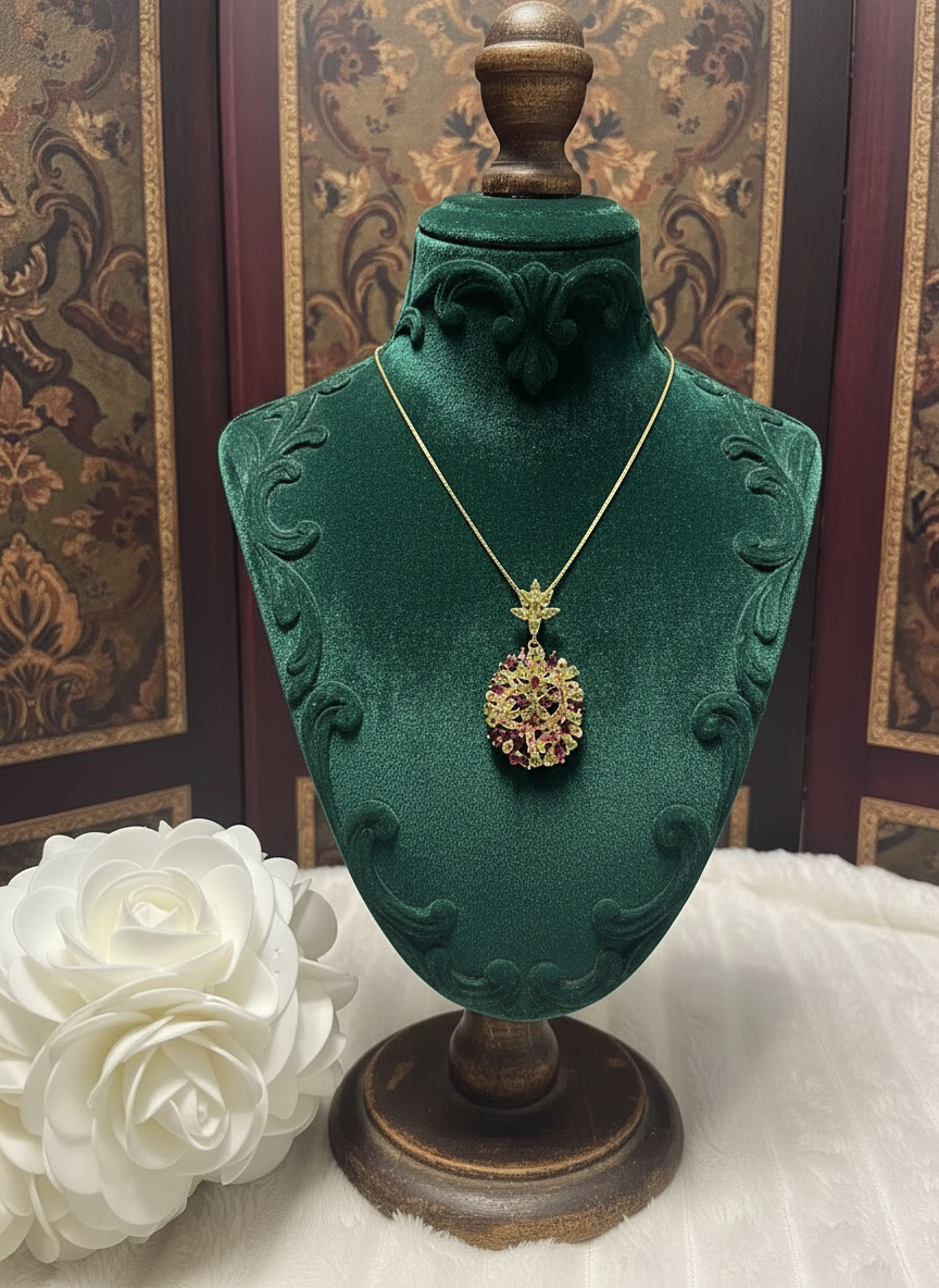 Handmade Peridot & Rhodolite Garnet Floral Statement Necklace