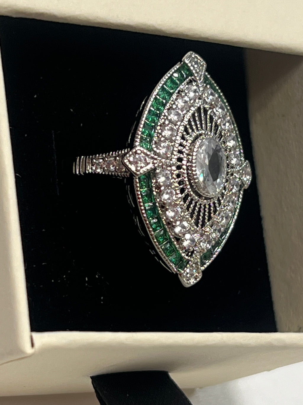 Art deco vintage inspired Ring with emerald and diamonds