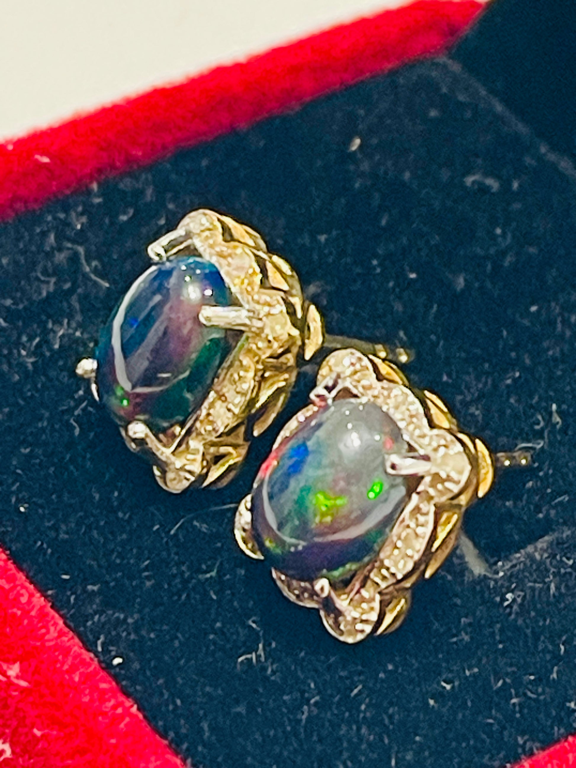 Natural Opal & Diamond Halo Stud Earrings in Sterling Silver Gold Vermeil | Handmade Two-Tone Cabochon Opal Earrings