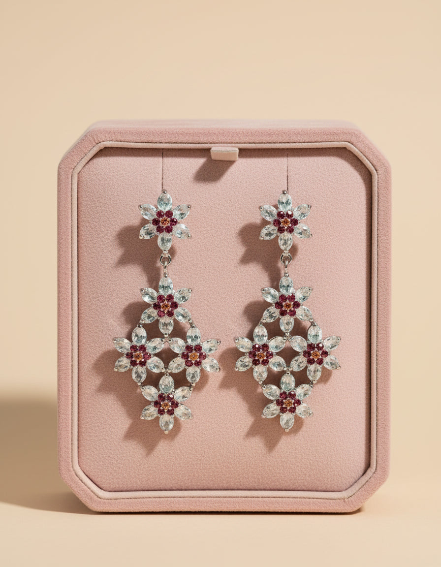 Handmade Lattice-Style Aquamarine & Rhodolite Garnet Earrings