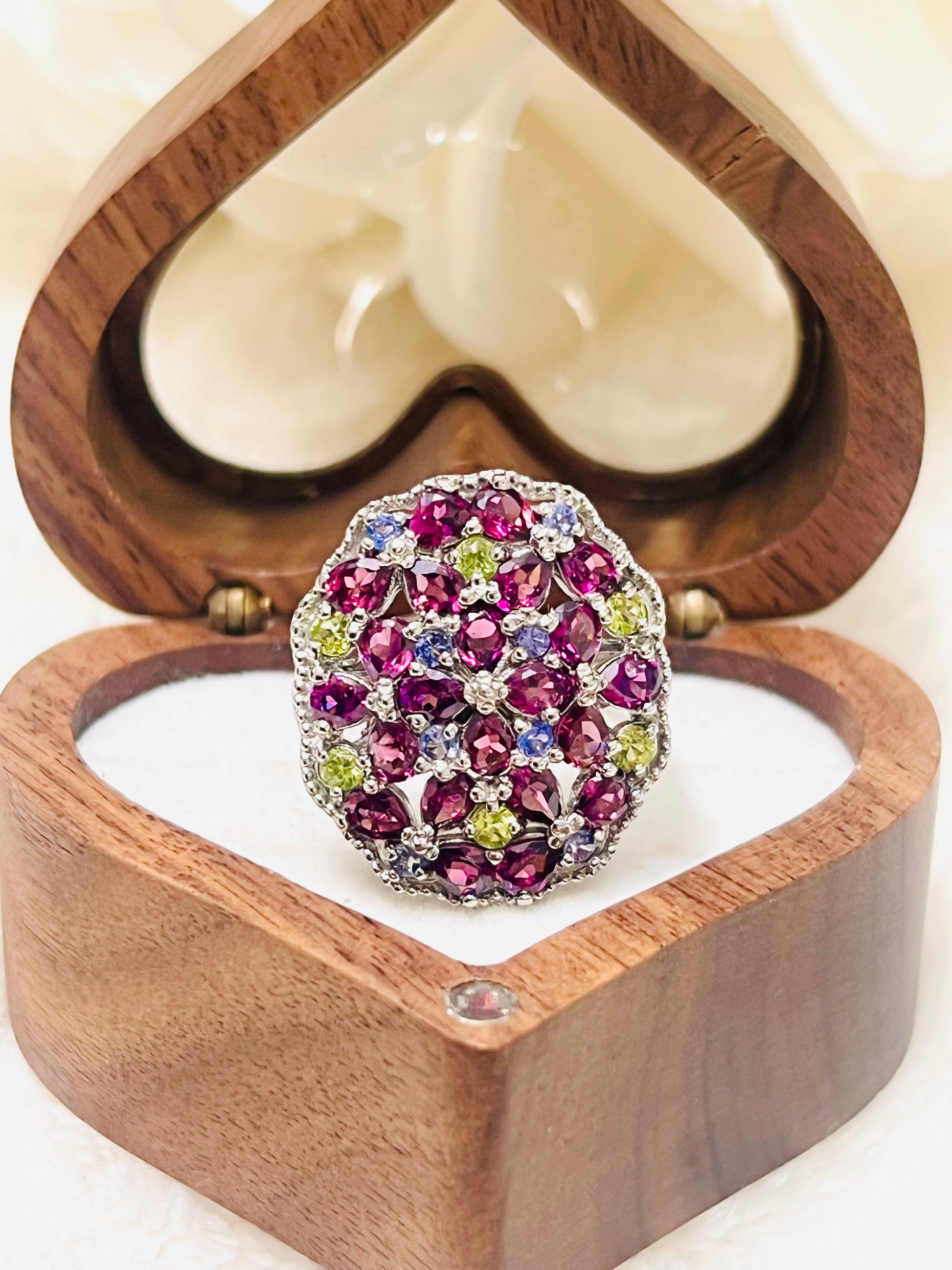 Handmade Natural Rhodolite Garnet, Peridot and Tanazanite Ring