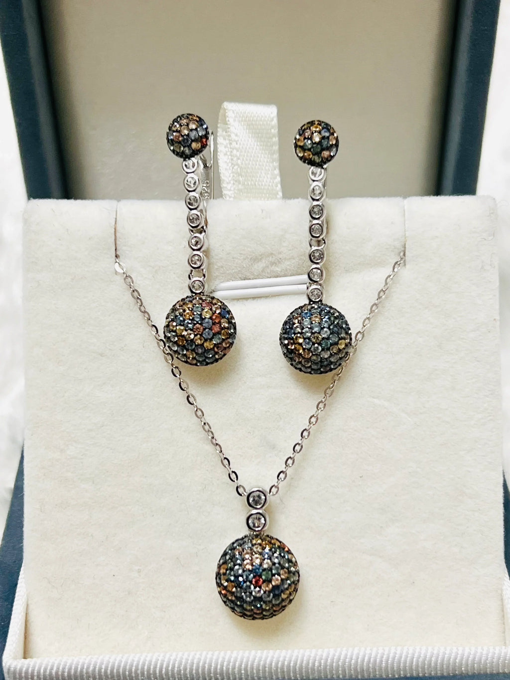 Multi-Color Sapphire Ball Design Sterling Silver Necklace and Earring Set