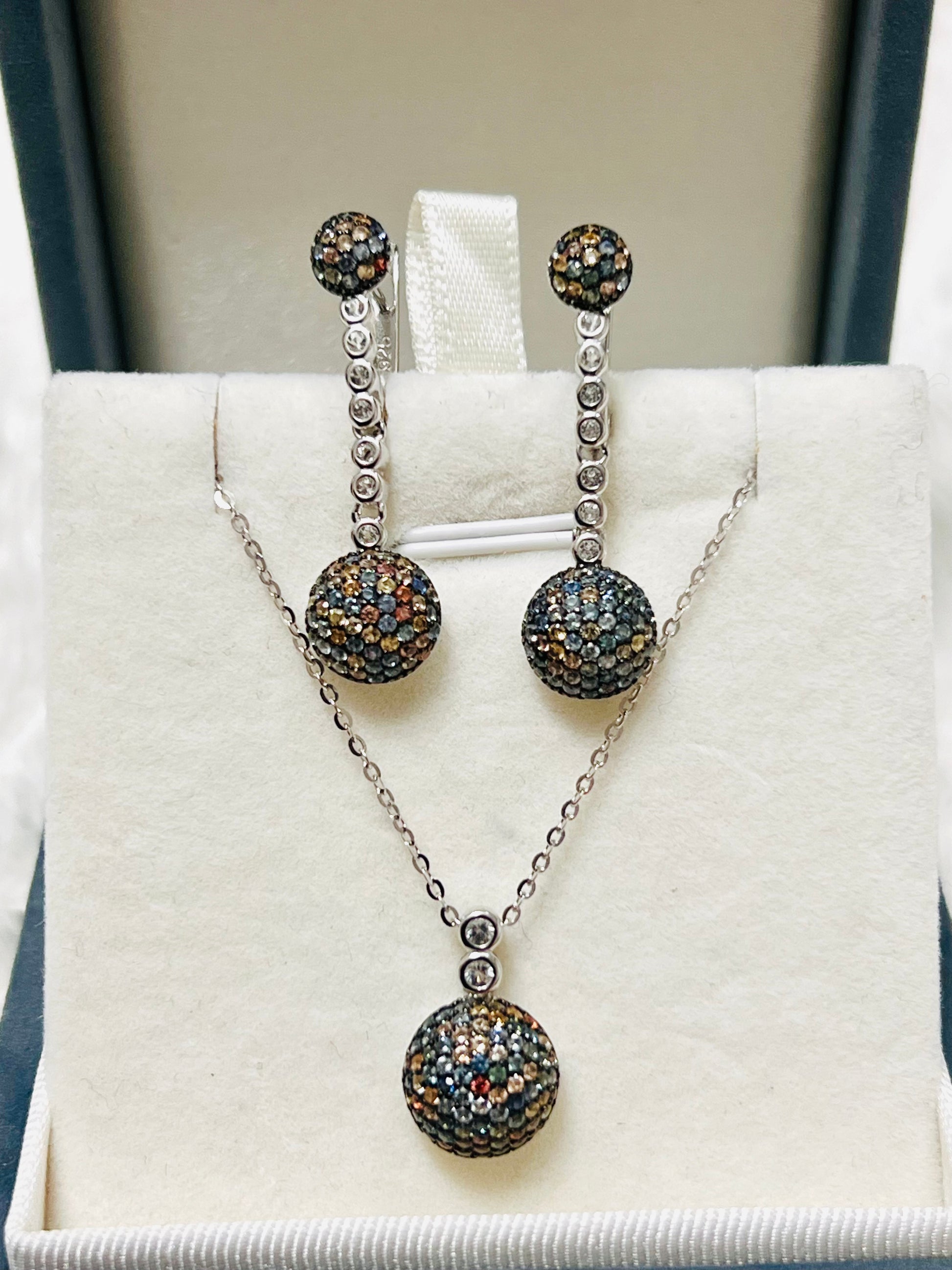 Multi-Color Sapphire Ball Design Sterling Silver Necklace and Earring Set