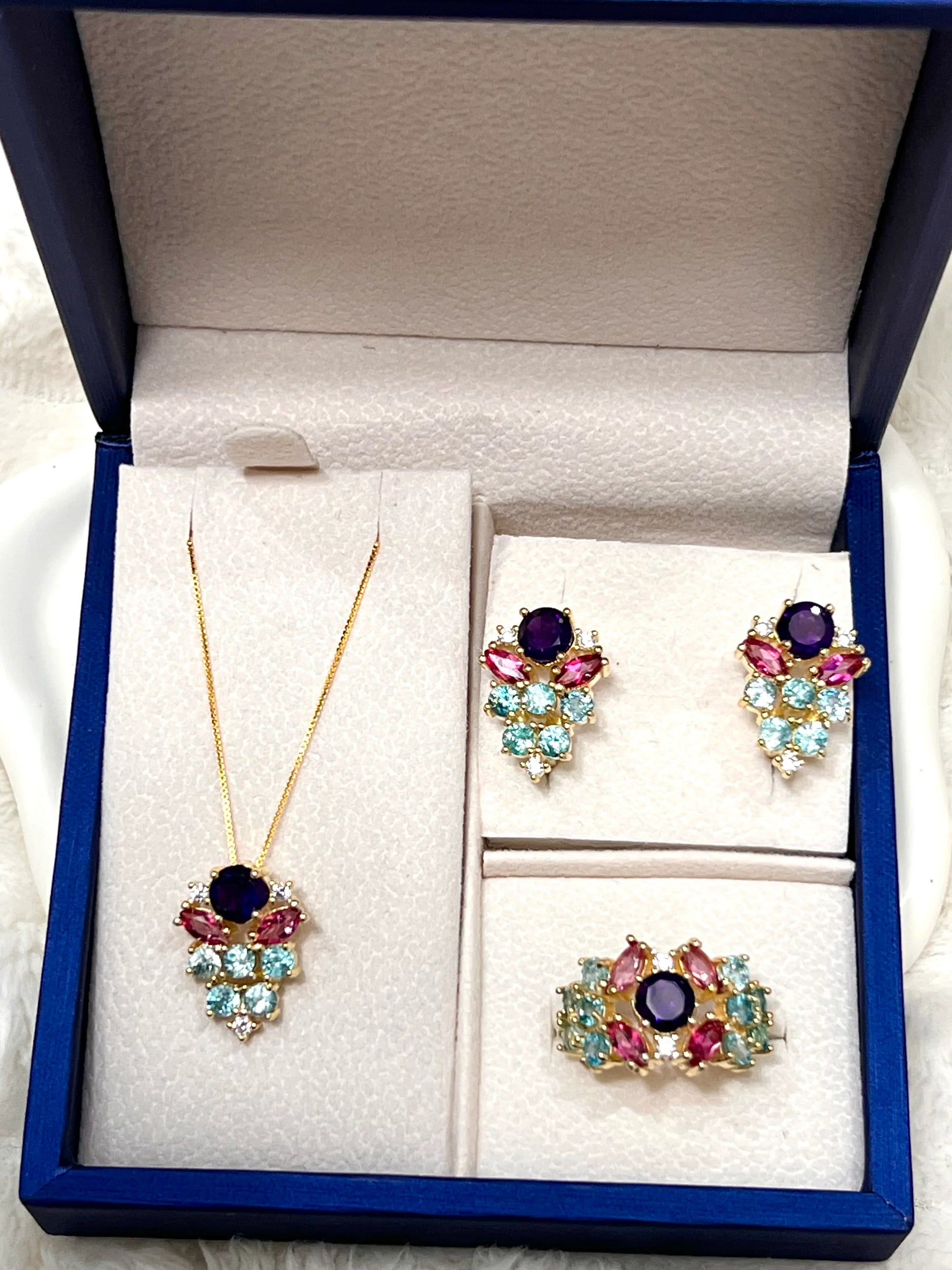 Handmade Amethyst, Paraíba Tourmaline & Pink Sapphire Jewelry Set – 18K Gold Plated Sterling Silver