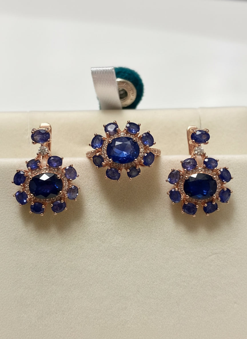 All-Sapphire Jewelry Set in Palladium Silver with 18K Rose Gold Vermeil