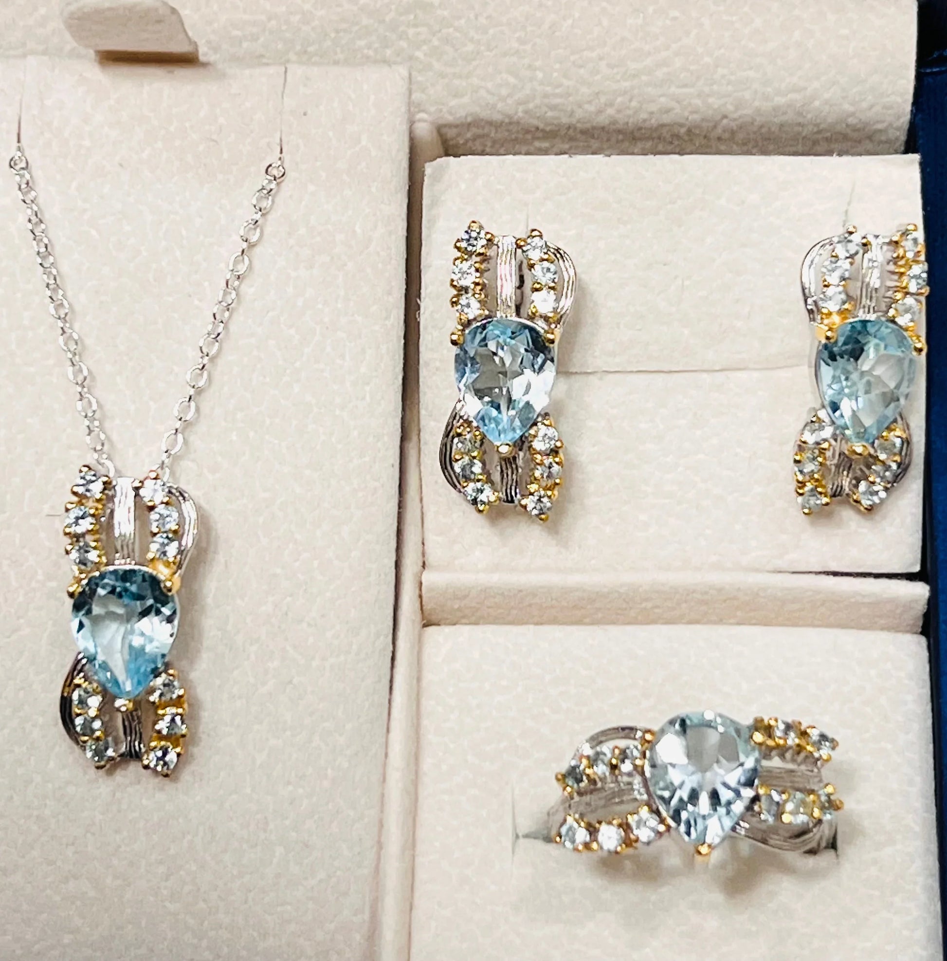 Handmade Two-Toned Sky Blue Topaz Jewelry Set – Sterling Silver with Yellow & White Gold Vermeil