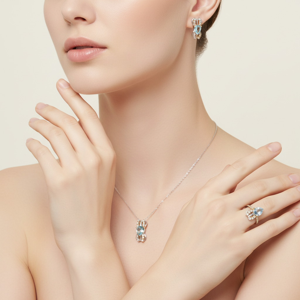 Handmade Two-Toned Sky Blue Topaz Jewelry Set – Sterling Silver with Yellow & White Gold Vermeil